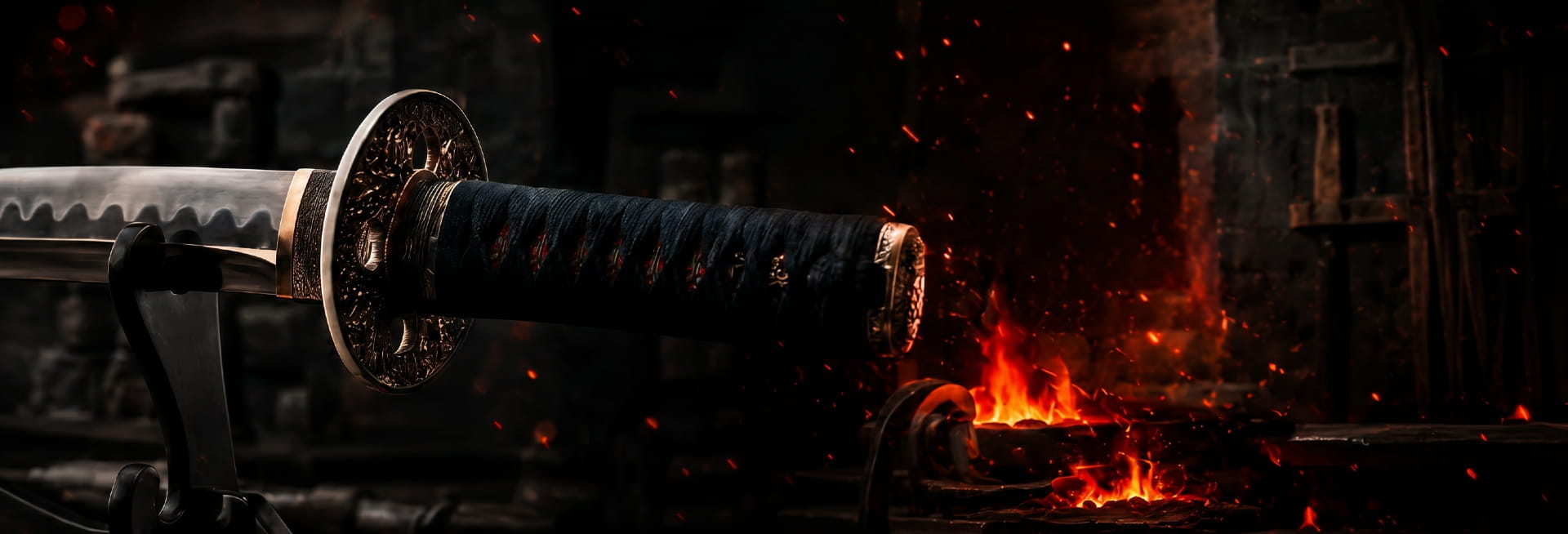 Japanisches Katana auf einem Ständer vor einer Schmiede