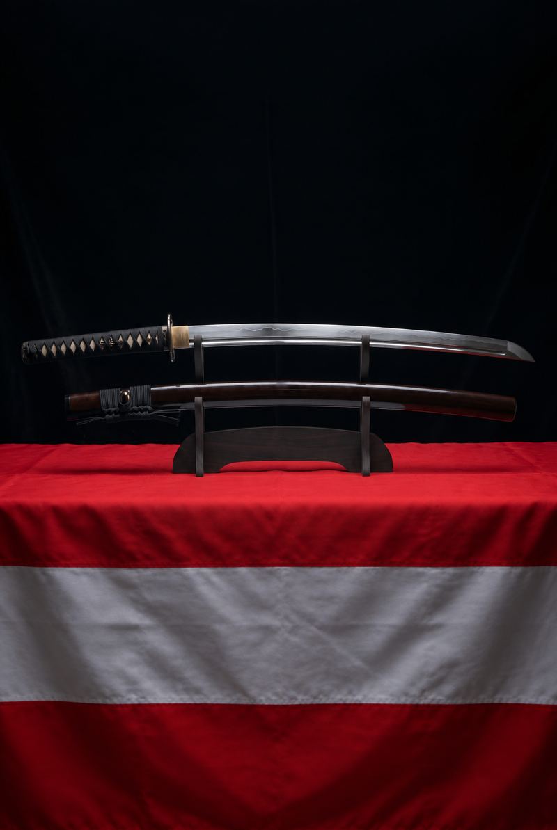 Katana auf einem Ständer vor der österreichischen Flagge